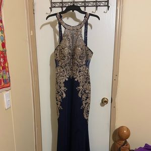 Navy blue dress with gold appliqué